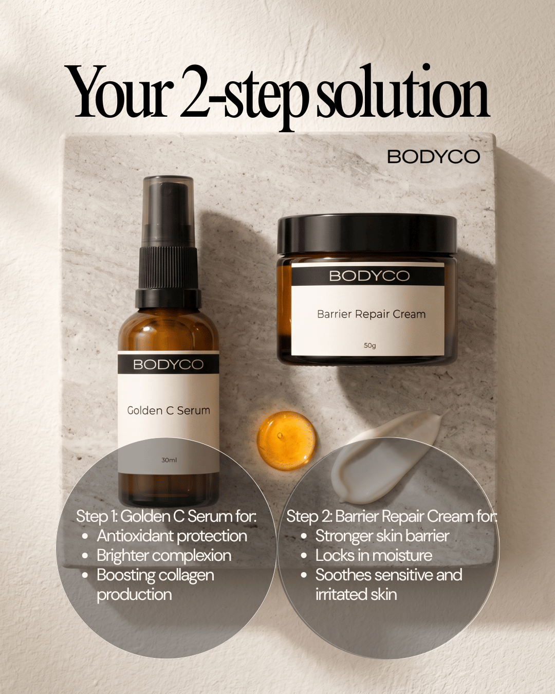 2-step skincare routine — vitamin C serum and ceramide moisturiser