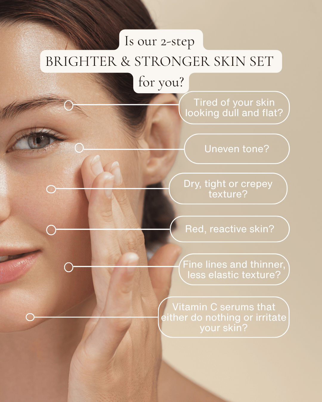 Is the BRIGHTER &amp; STRONGER Skin Set for you? Dull skin? Uneven tone? Dry, crepey texture? Red, reactive skin? Fine lines, thinner, less elastic? 